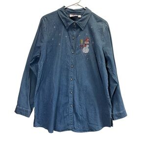 Quackery Factory Blue Denim Shirt with Snowman Embellishments. Size L Color